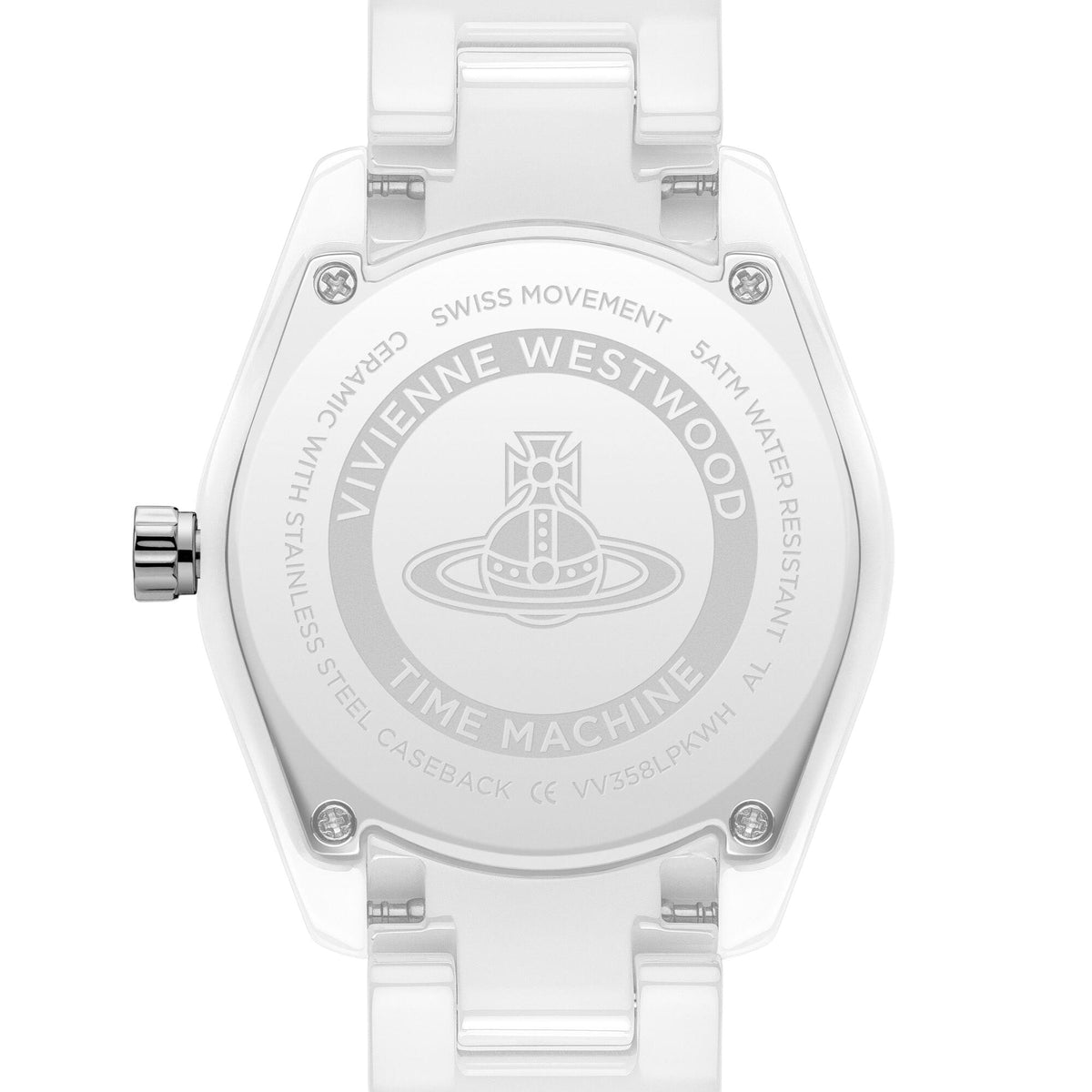 White ceramic quartz watch caseback with engraved movement text.
