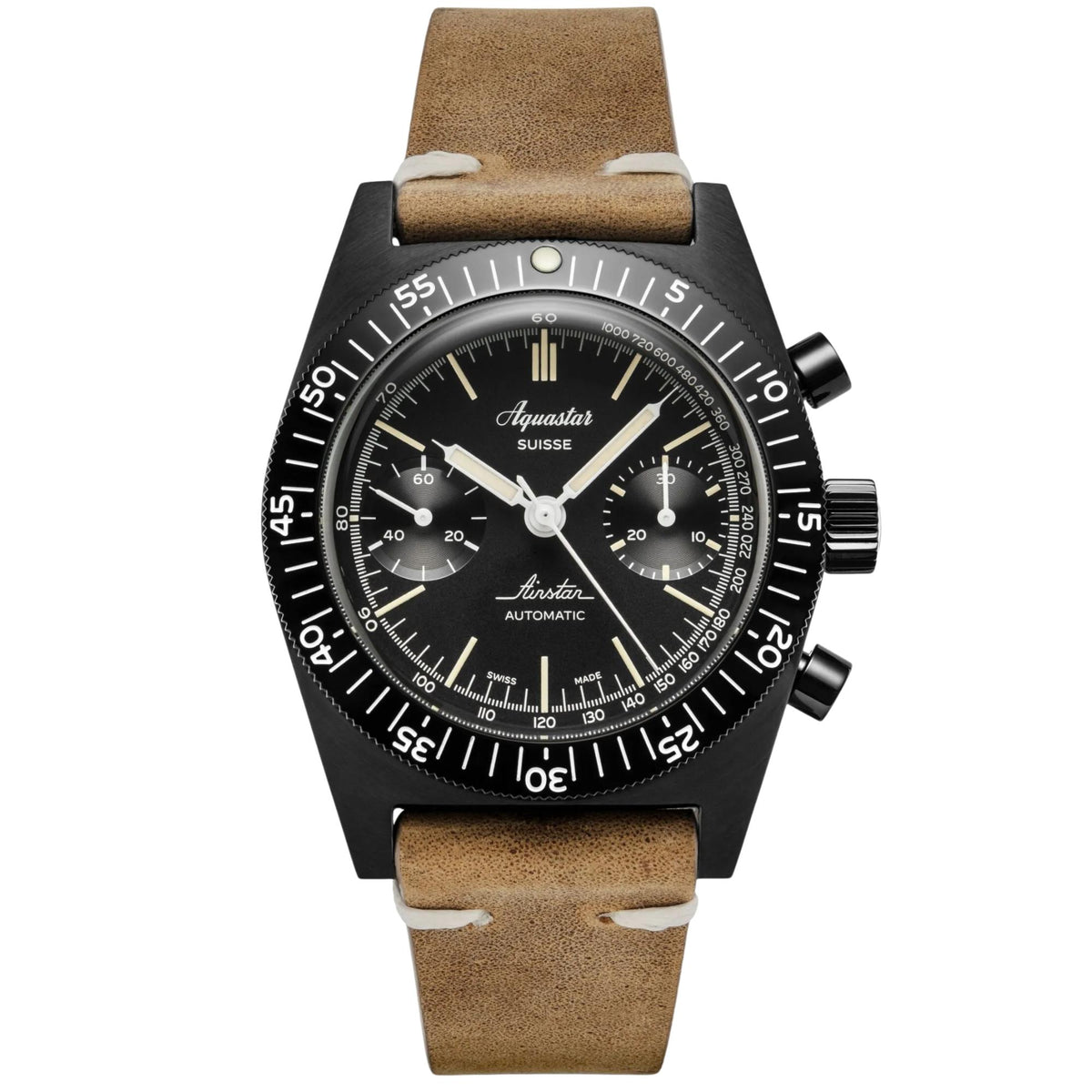 Men's Aquastar chronograph watch with black dial and tan leather strap, black case