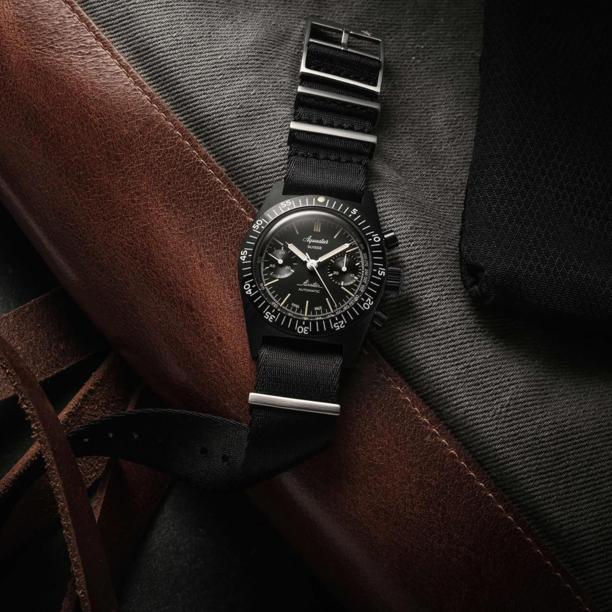 Men's Aquastar chronograph watch with black dial and black strap, DLC-style black case