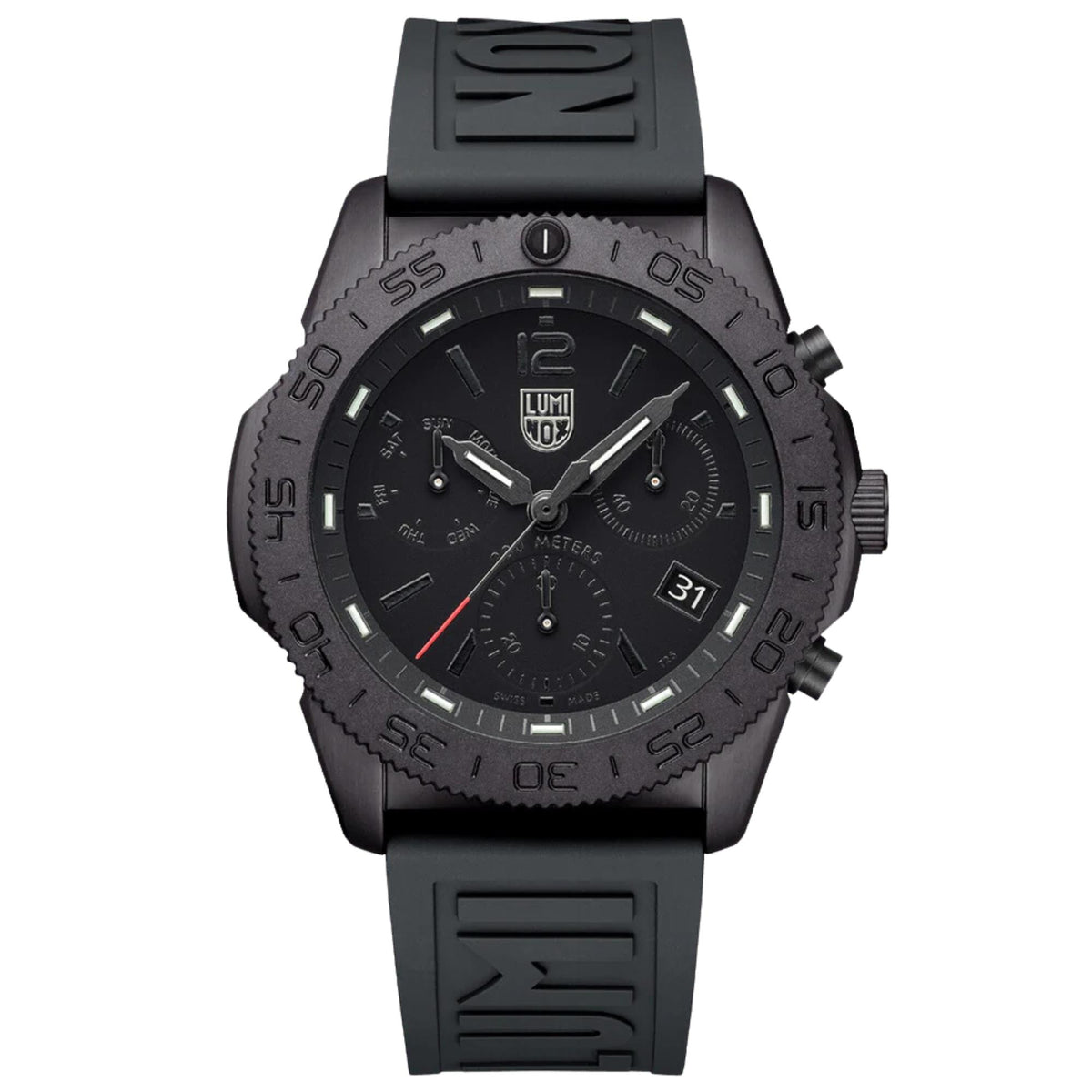 Front view of Luminox Pacific Diver XS.3141.BO.1 black dial chronograph watch with rubber strap