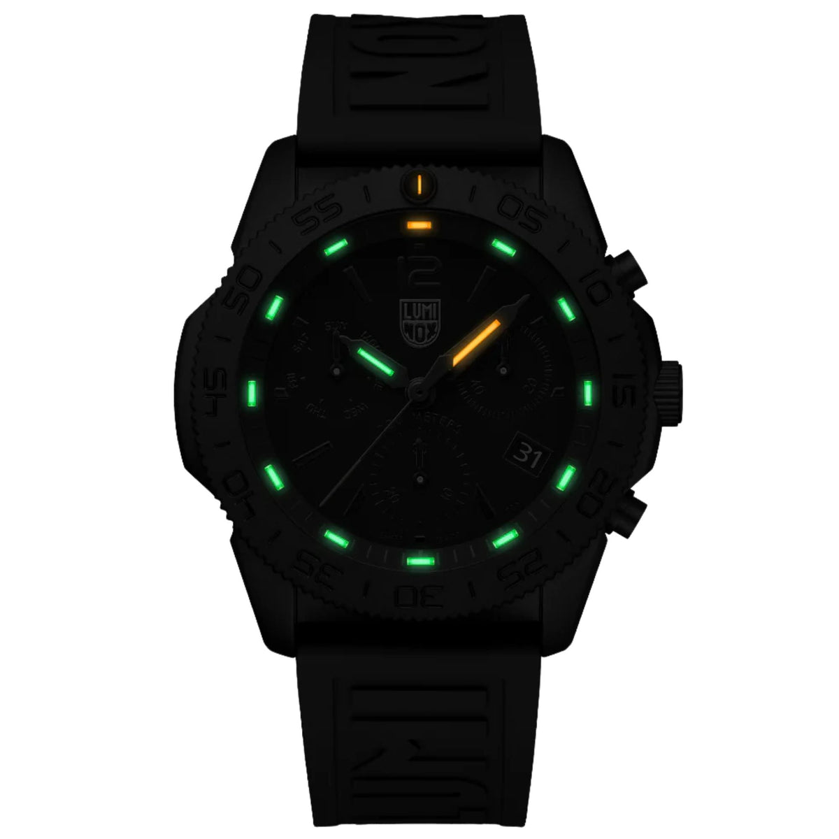 Darkened front view showing glowing green and orange tritium tubes on Luminox Pacific Diver XS.3141.BO.1