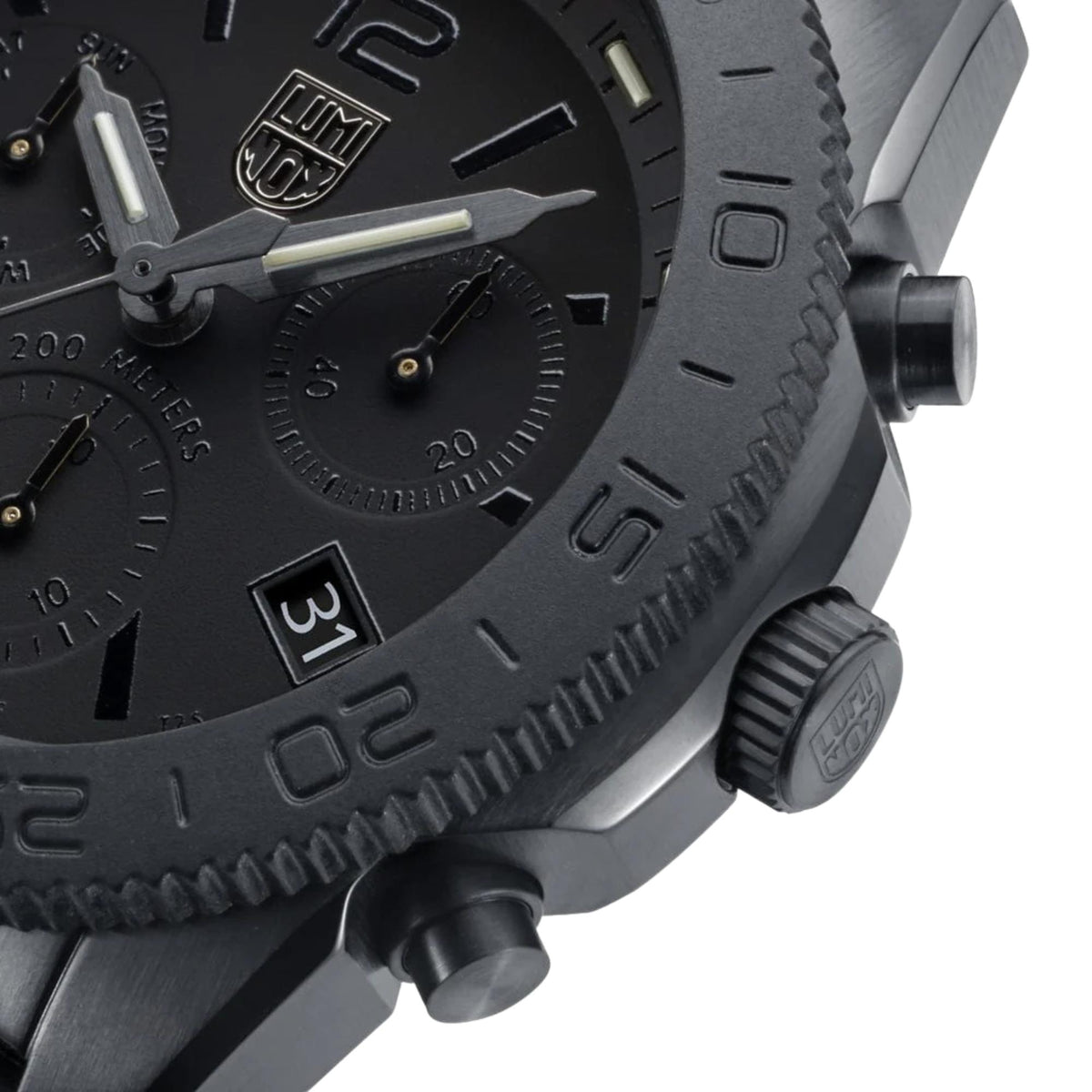 Close-up of textured bezel, crown guard, and pushers on Luminox Pacific Diver XS.3141.BO.1