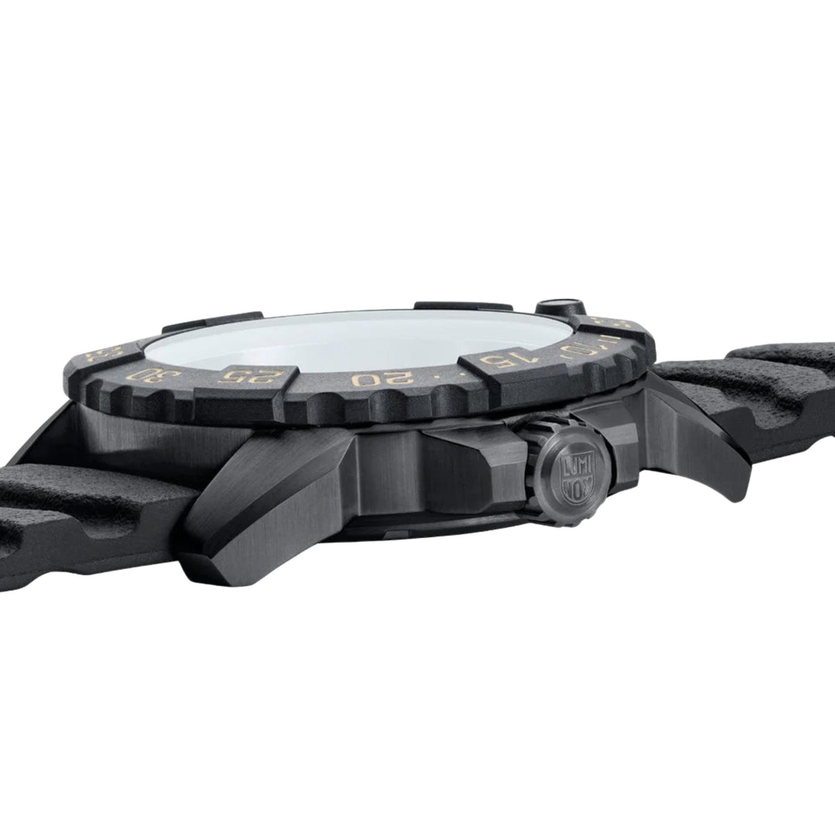 Low-angle side profile of Luminox Navy SEAL Foundation XS.3251.CB.NSF.2 black steel case and sapphire crystal