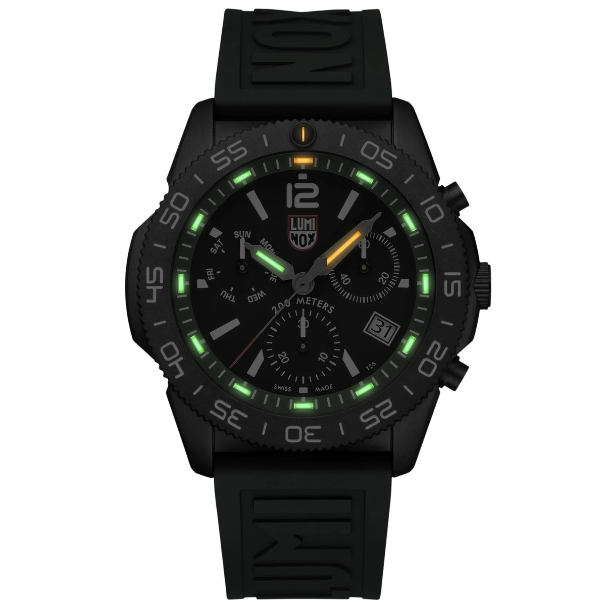 Men's diver chronograph quartz watch with black dial and green-lit bezel, rubber strap
