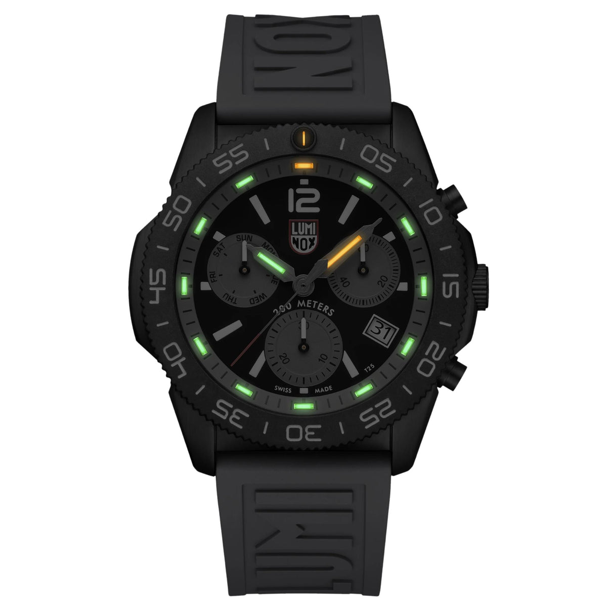 Luminox Pacific Diver chronograph watch with glowing green markers, black dial, rubber strap