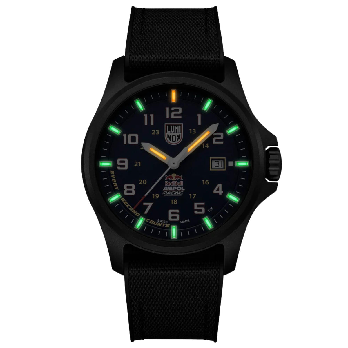 Nighttime illumination of self-powered tritium light tubes on Luminox Atacama Field XL.1970.ARB.N racing watch