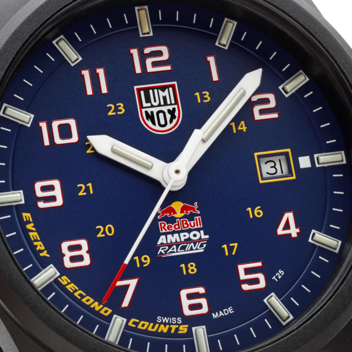 Close-up of blue dial with Red Bull Ampol Racing branding, date window, and white hands on Luminox Atacama Field XL.1970.ARB.N