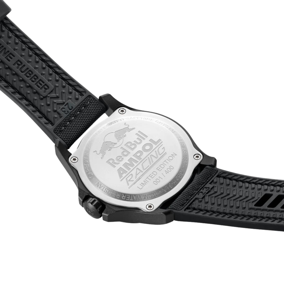 Stainless steel case back of Luminox Atacama Field XL.1970.ARB.N engraved with Red Bull Ampol Racing limited edition numbering