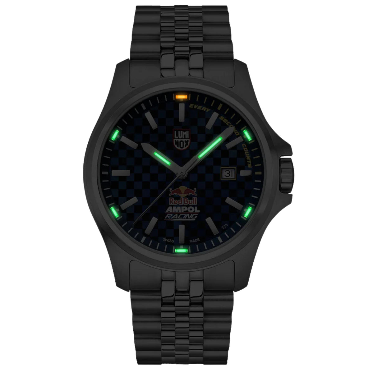 Front view showing glowing green and orange tritium tubes on Luminox Atacama Field XL.2523.ARB.N watch