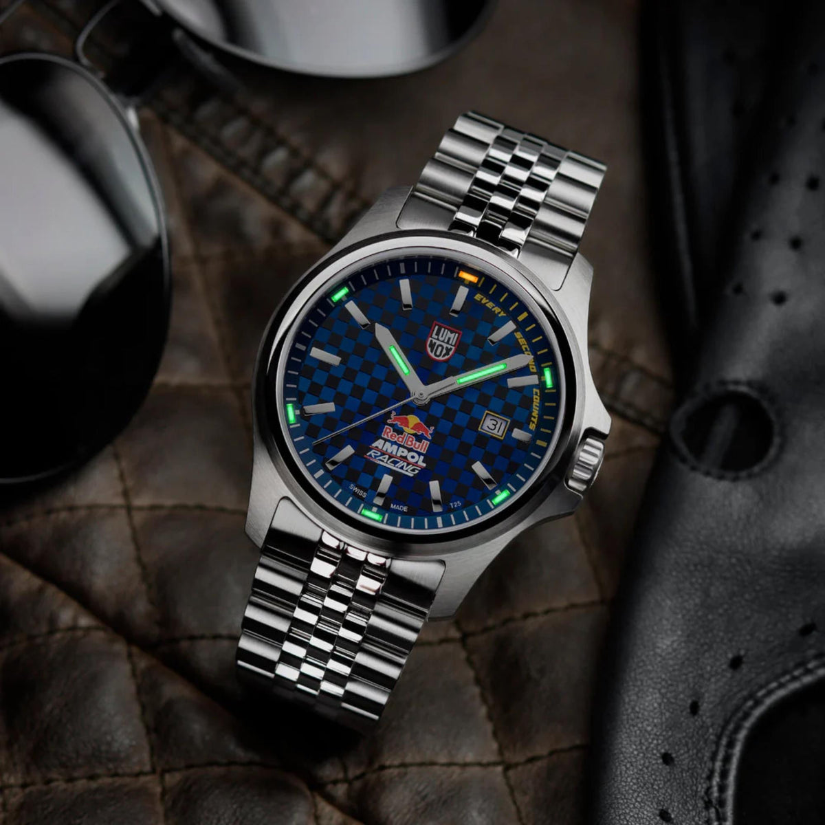 Angled shot of Luminox Atacama Field XL.2523.ARB.N with illuminated hands on leather backdrop