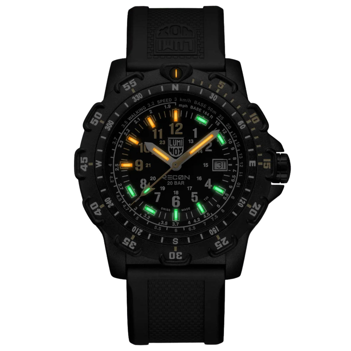 Black men’s quartz wristwatch with black dial, yellow markers, and green luminous accents