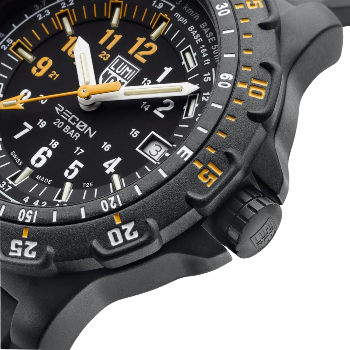 Black watch case and crown with textured rubber strap, showing side details and bezel