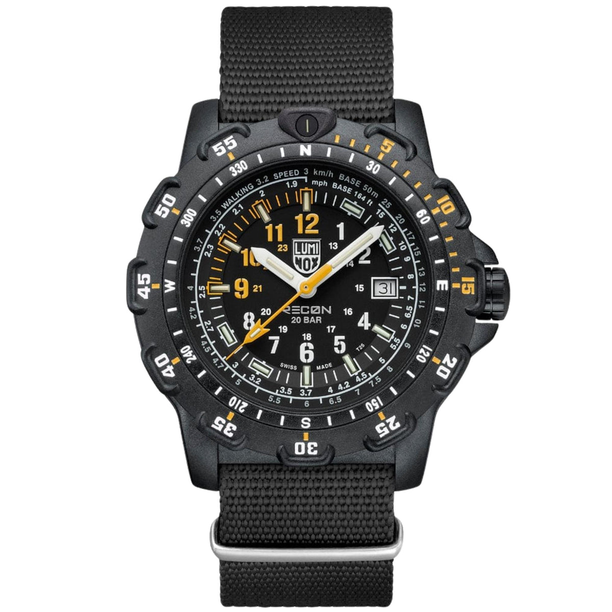 Black men’s quartz wristwatch with black dial and black woven NATO fabric strap