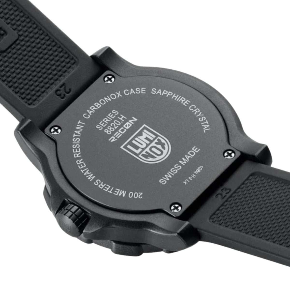 Black watch caseback with engraved text and carbon fiber style design, rubber strap