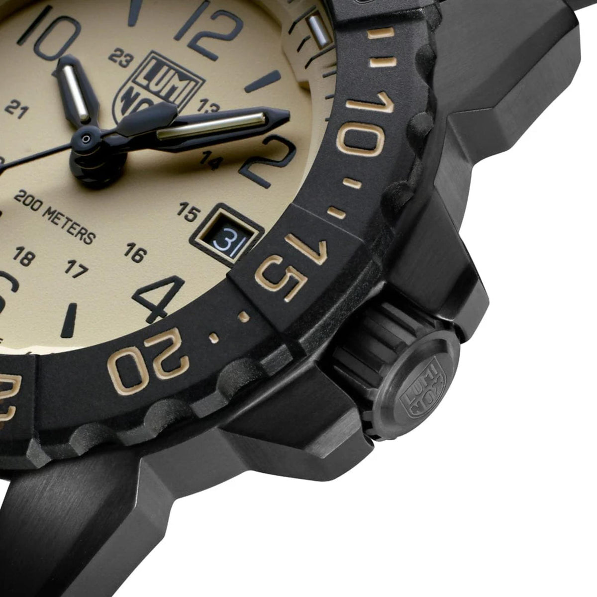 Quartz dive watch side view: sand dial, numbered bezel, crown and black rubber strap