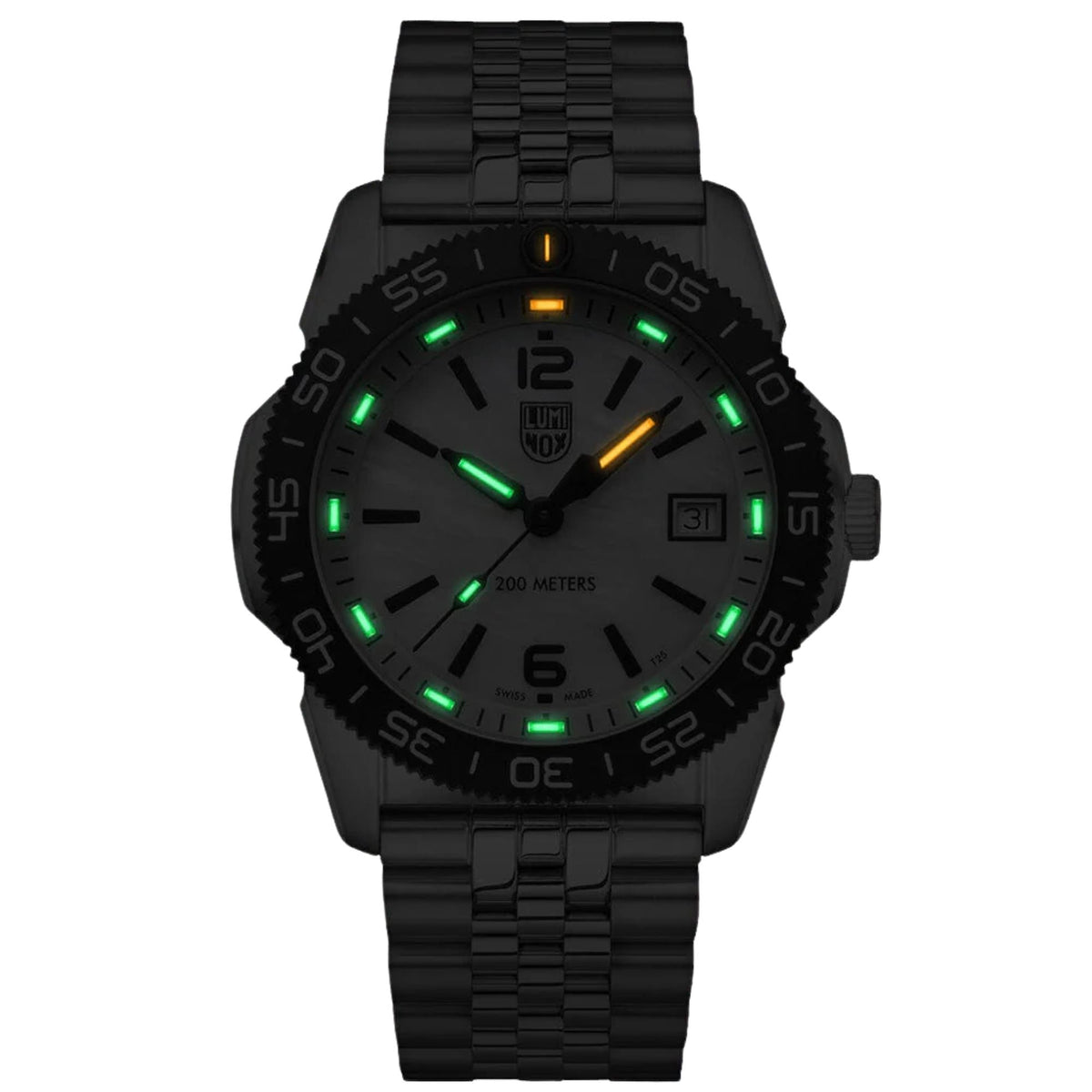 Black diver watch with black dial, luminous markers, date window, rubber strap