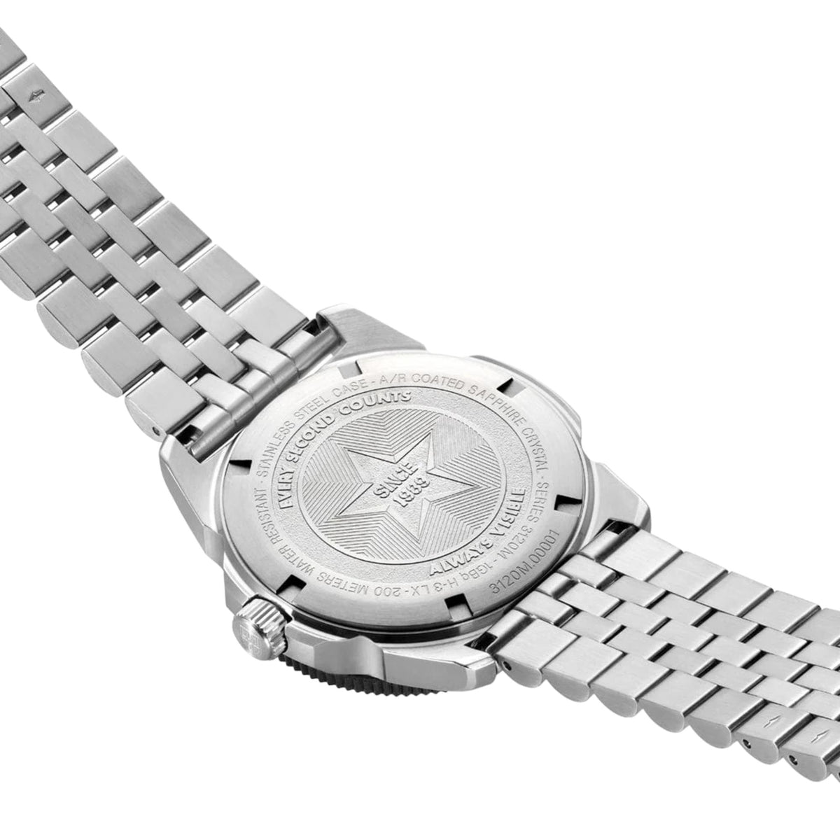 Steel diver watch caseback on metal bracelet with engraved markings