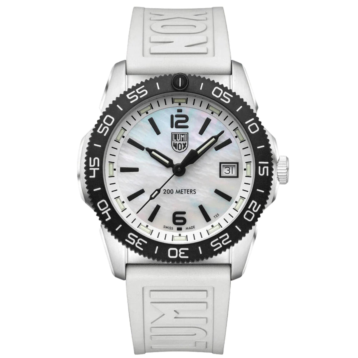 Diver watch with gray rubber strap, mother-of-pearl dial, black bezel, and date window.