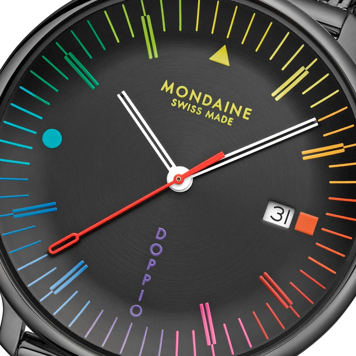 Close-up of Mondaine Doppio MLE.41221.SM watch face, highlighting the black dial texture, rainbow-colored hour indices, white date complication, and red second hand
