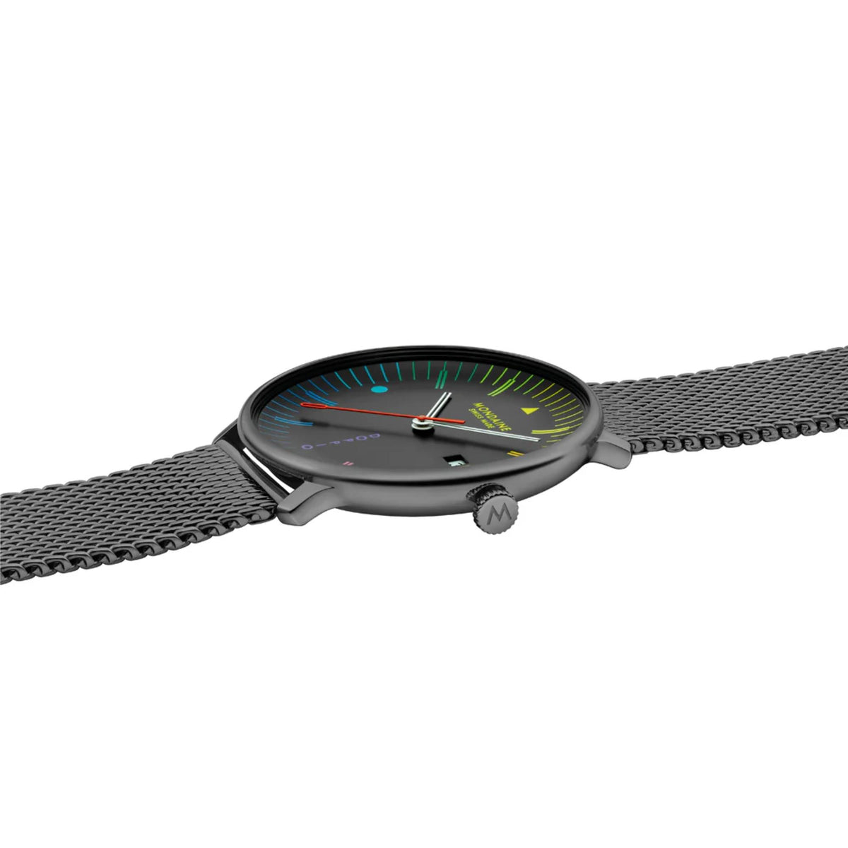 Low-angle side profile view of the slim Mondaine Doppio watch case and black mesh Milanese strap, showing the textured crown detailed with the brand's 'M' logo