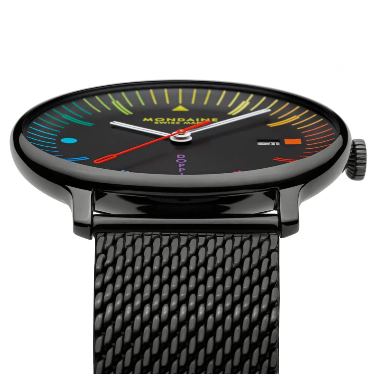 Close-up of Mondaine Doppio MLE.41221.SM watch's black polished bezel, lug attachment, and the dense pattern of the stainless steel mesh bracelet