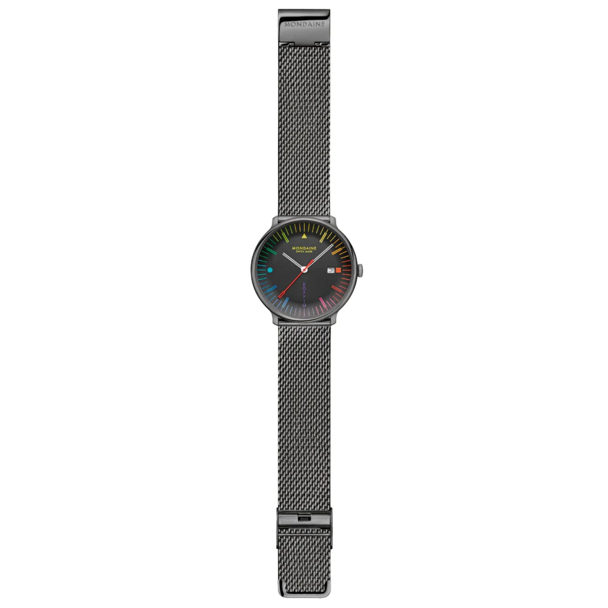 Full-length shot of the Mondaine MLE.41221.SM watch lay completely flat, displaying the continuous black mesh strap and deployment clasp