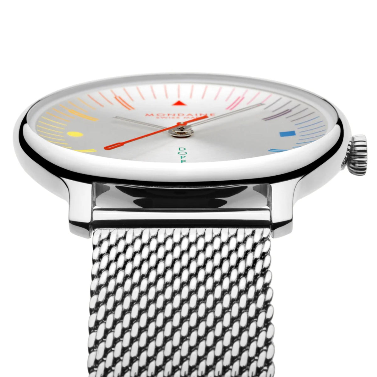 Close-up of the Mondaine watch case and the high-density weave of the stainless steel mesh Milanese loop bracelet