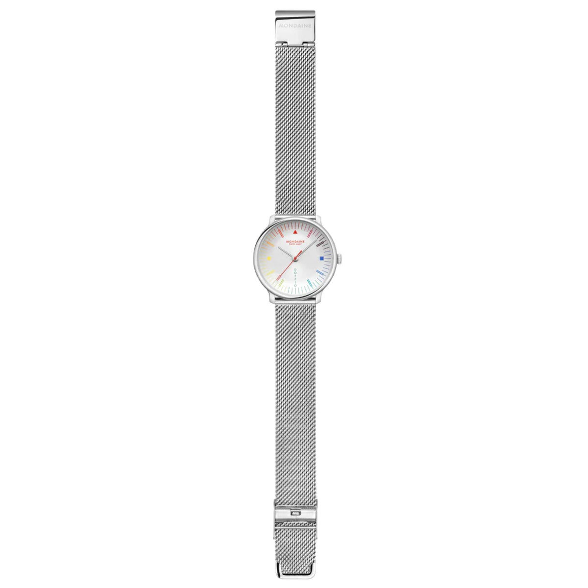 Full-length shot of Mondaine Doppio Bauhaus Inspired Quartz watch MLE.33112.SM lay flat, displaying the continuous silver mesh strap and deployment clasp