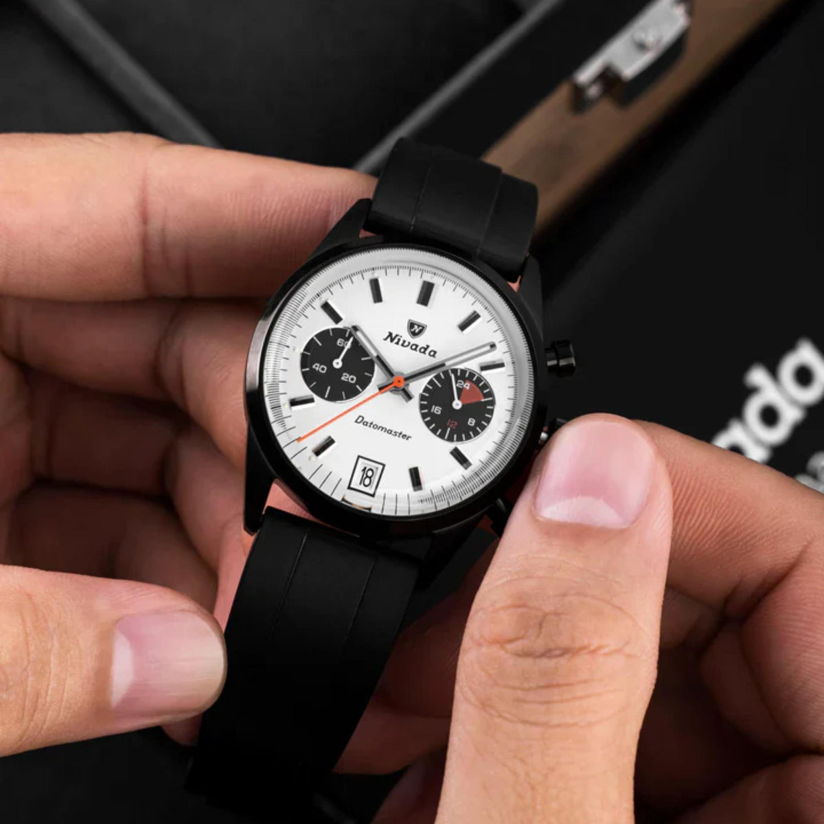 Nivada Grenchen Datomaster 88008Q33 black rubber strap and lifestyle view