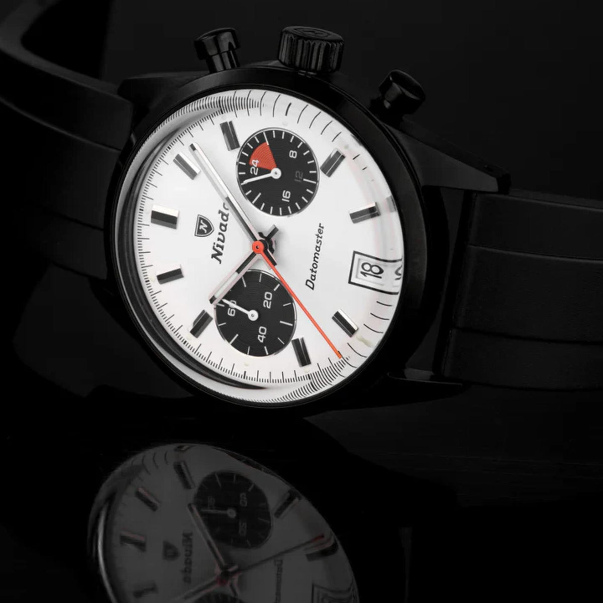Nivada Grenchen Datomaster 88008Q33 stainless steel black case and reflection view