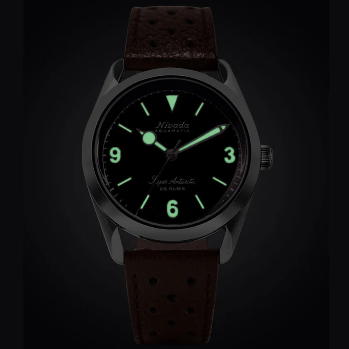 Nivada Grenchen Super Antarctic 32031A23 Swiss Made dial lume shot in the dark