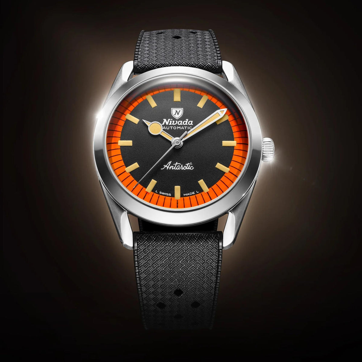 Men's automatic wrist watch with black dial, orange track ring, and black rubber strap