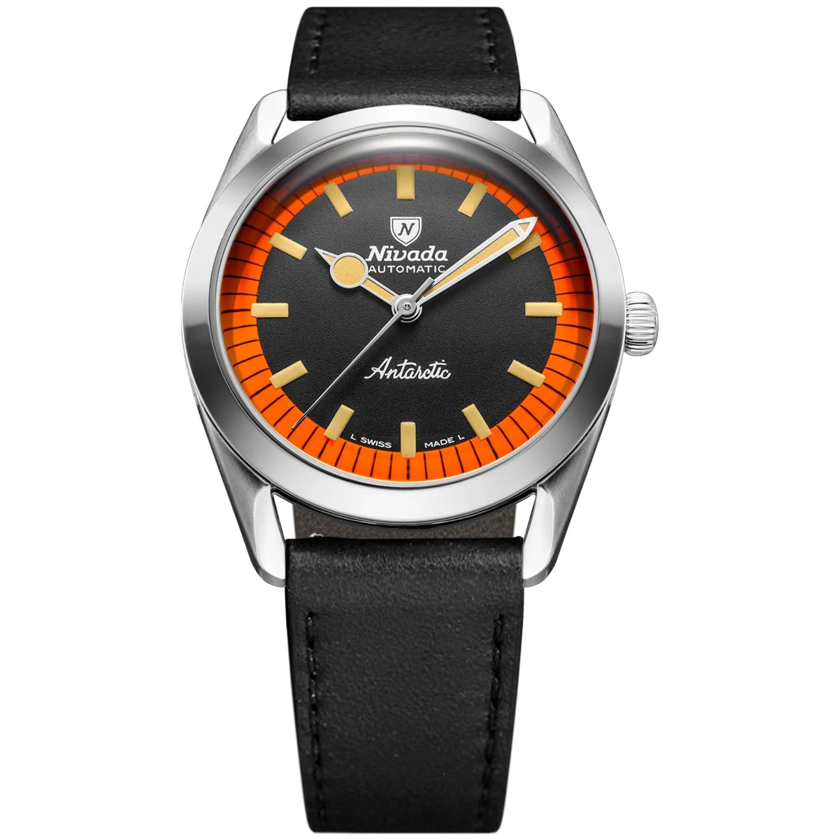 Men's Nivada automatic watch with black dial, orange bezel, black leather strap, steel case