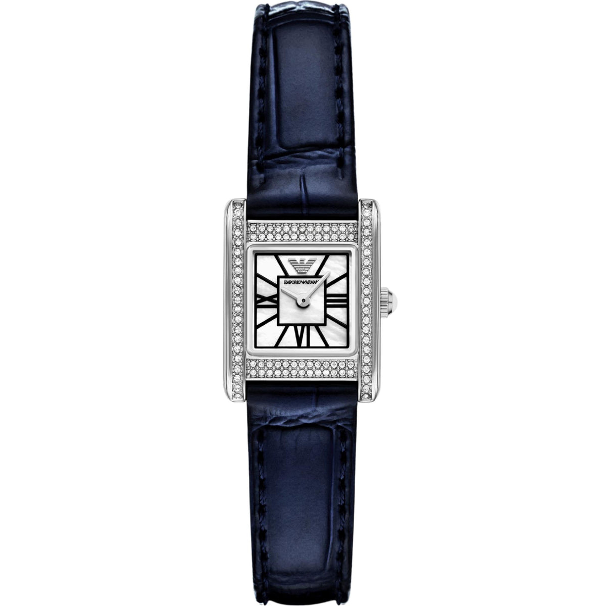 Emporio Armani Genni AR11718 ladies quartz watch featuring a mother-of-pearl dial, crystal-adorned rectangular steel case, Roman numerals, and a blue leather strap