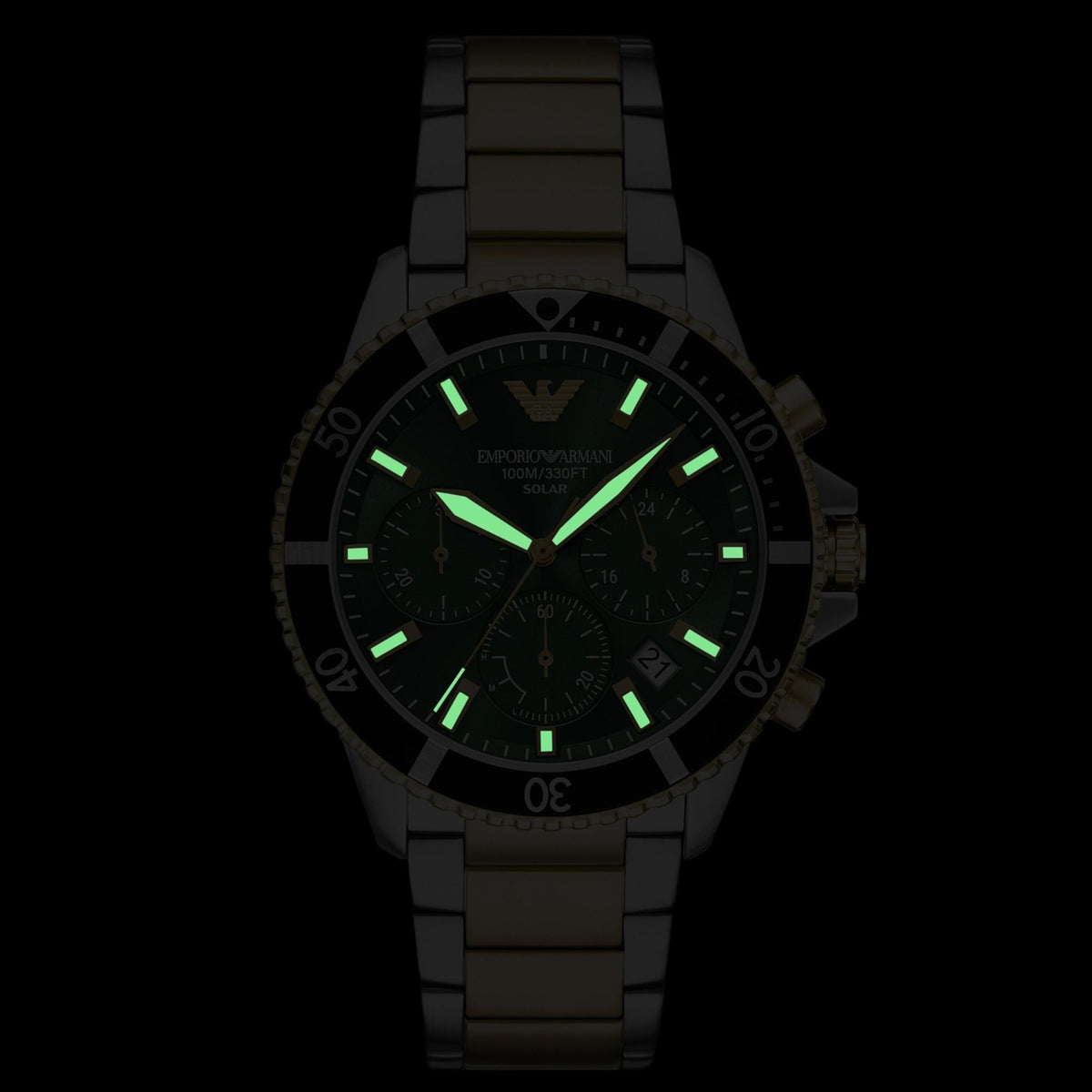 Dark view displaying the glowing luminous hands and index hour markers on the Emporio Armani World Explorer AR11695 chronograph timepiece