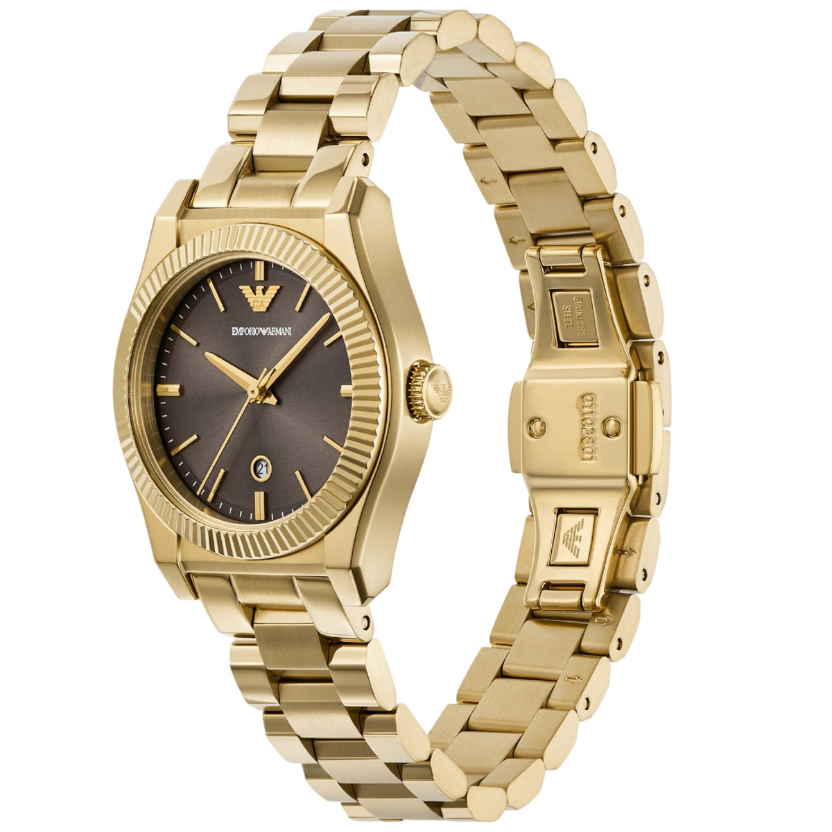 Emporio Armani Federica AR11700 angled side perspective showcasing round steel case profile and deployment clasp