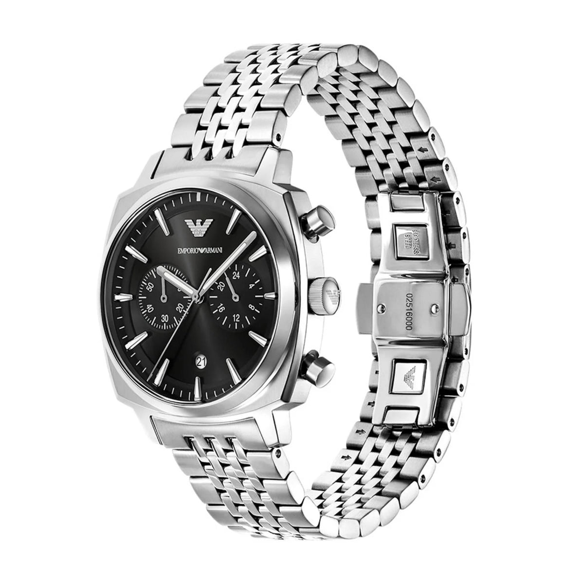 Three-quarter angle view of the Emporio Armani Carlo AR11725 watch highlighting the cushion case, sub-dials, pushers, and folding clasp