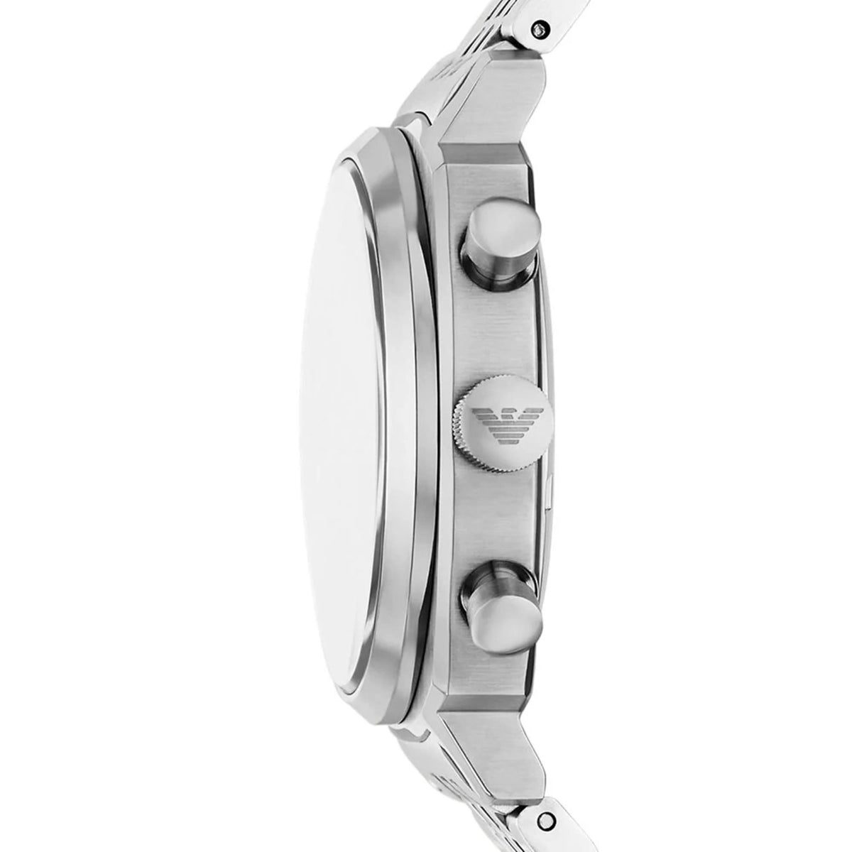 Side profile view of the Emporio Armani Carlo AR11725 steel watch case showcasing the chronograph pushers and engraved crown