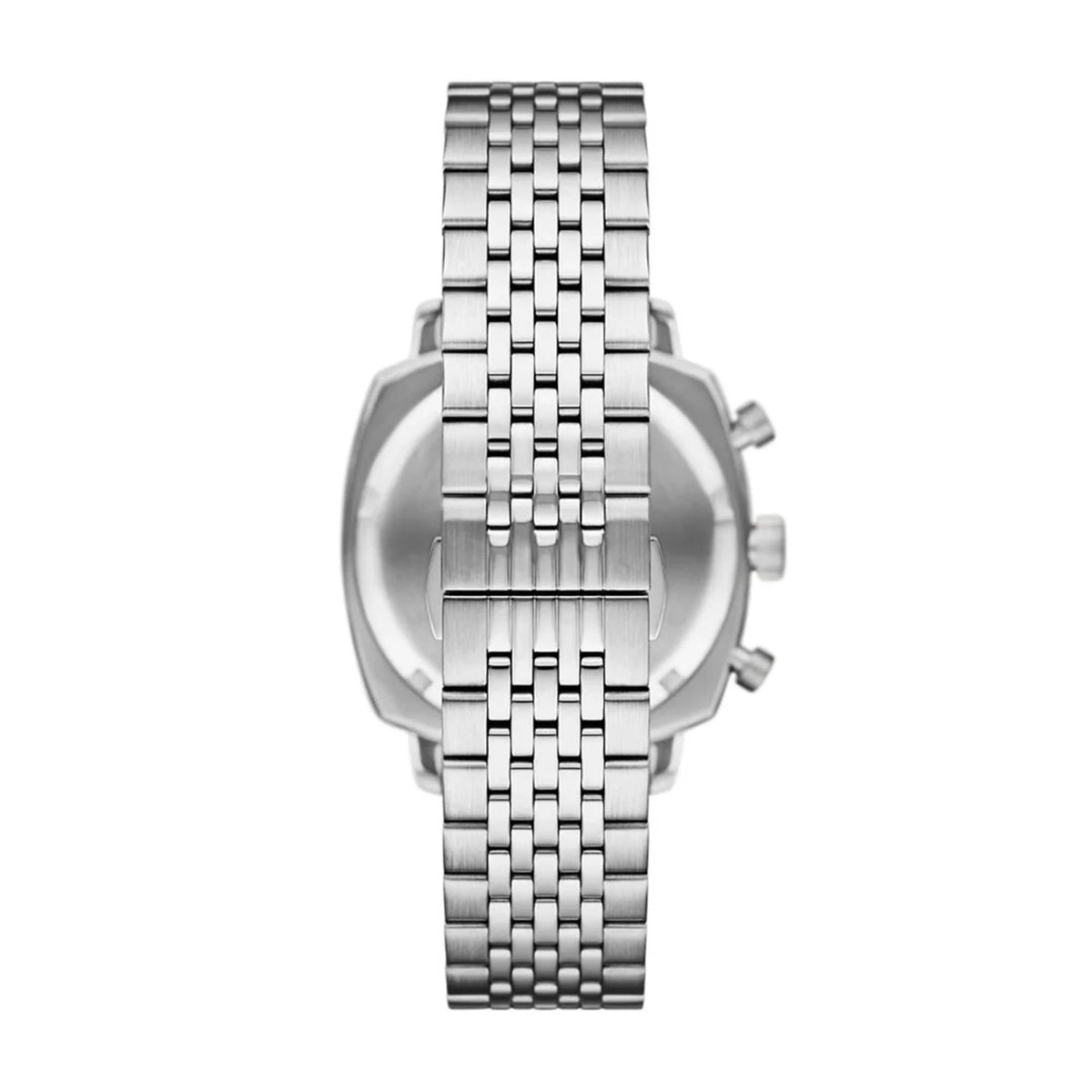 Back view of the Emporio Armani Carlo AR11725 displaying the stainless steel bracelet and seamless deployment closure