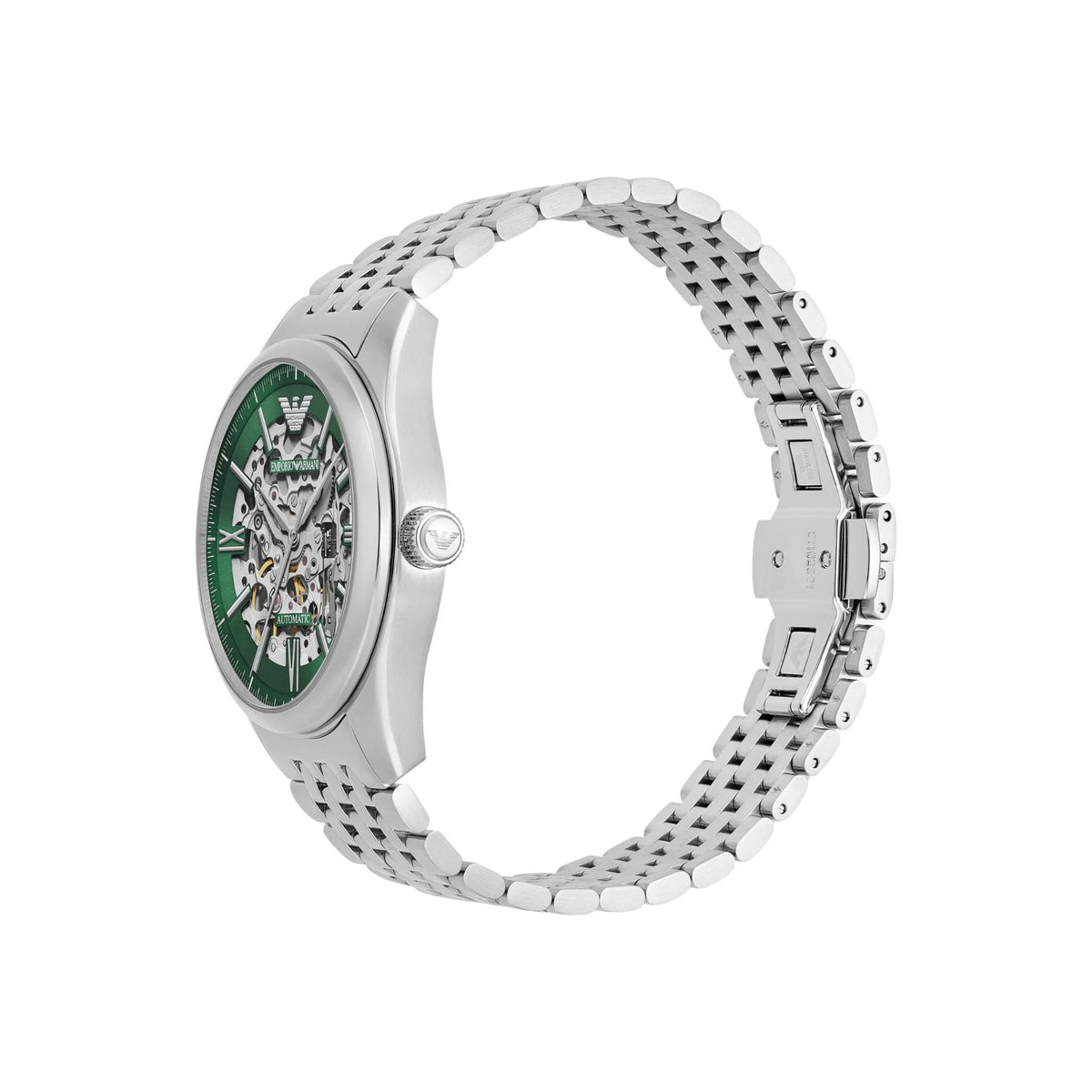 Three-quarter view of the Emporio Armani Antonio AR60091 watch showcasing the exhibition dial, crown logo, and folding clasp