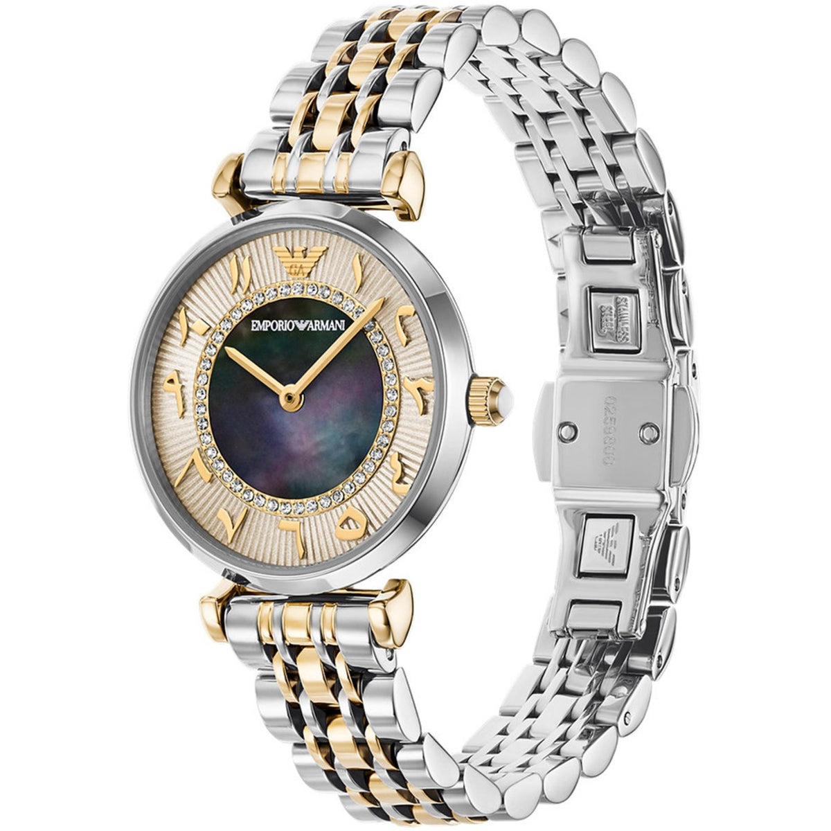 Emporio Armani Gianni 32mm AR11719 watch three quarter angled view with deployment clasp detail