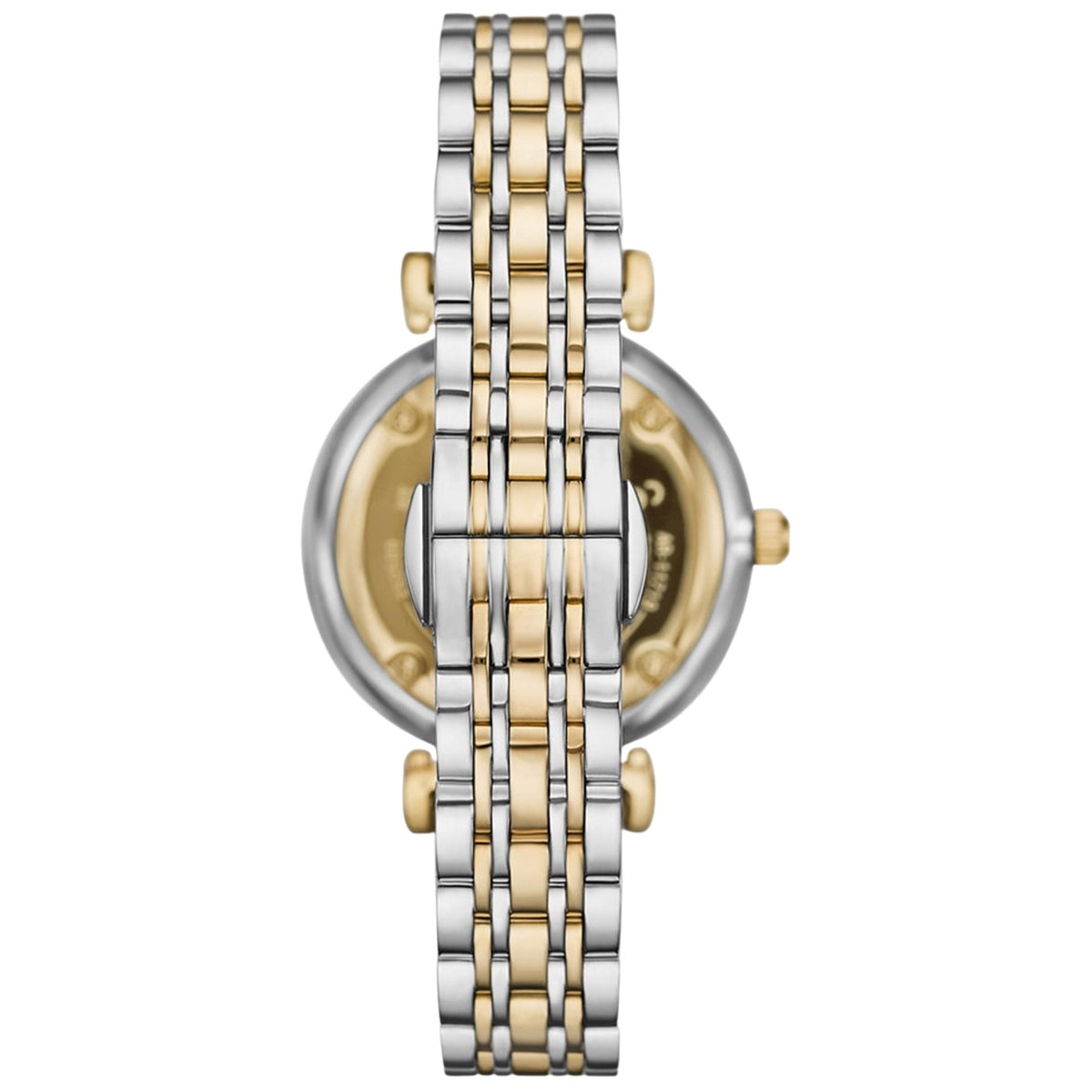 Emporio Armani Gianni 32mm AR11719 two tone steel quartz watch back case and bracelet view