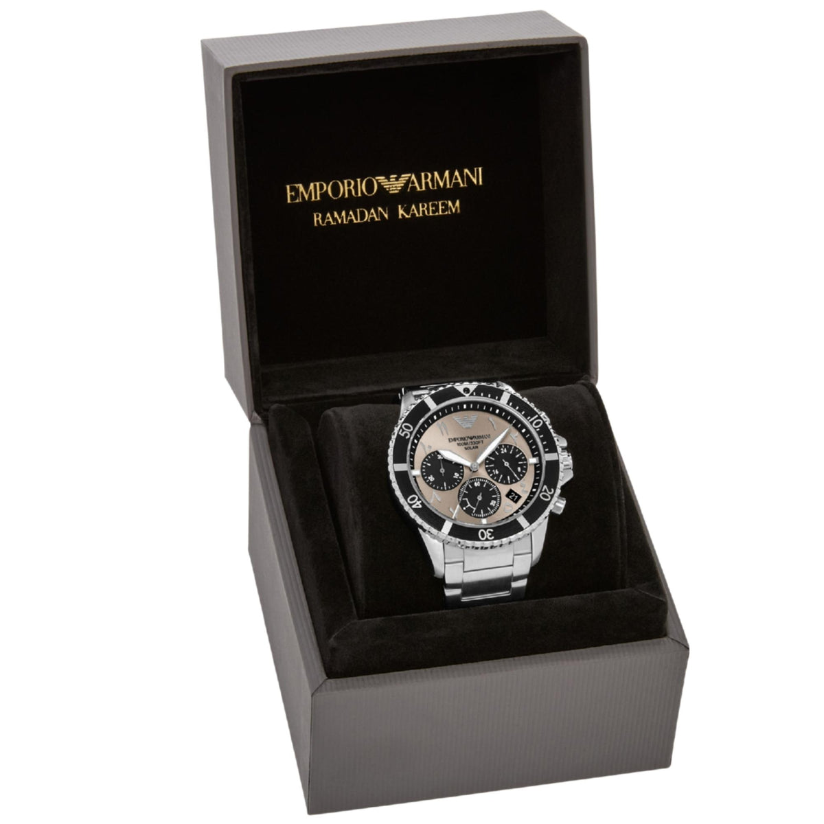 Men's solar chronograph watch shown in black gift box, gray dial, steel bracelet