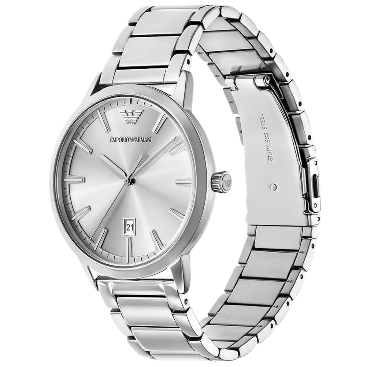 Men's silver steel quartz watch with white dial, date window, crown, and metal bracelet.