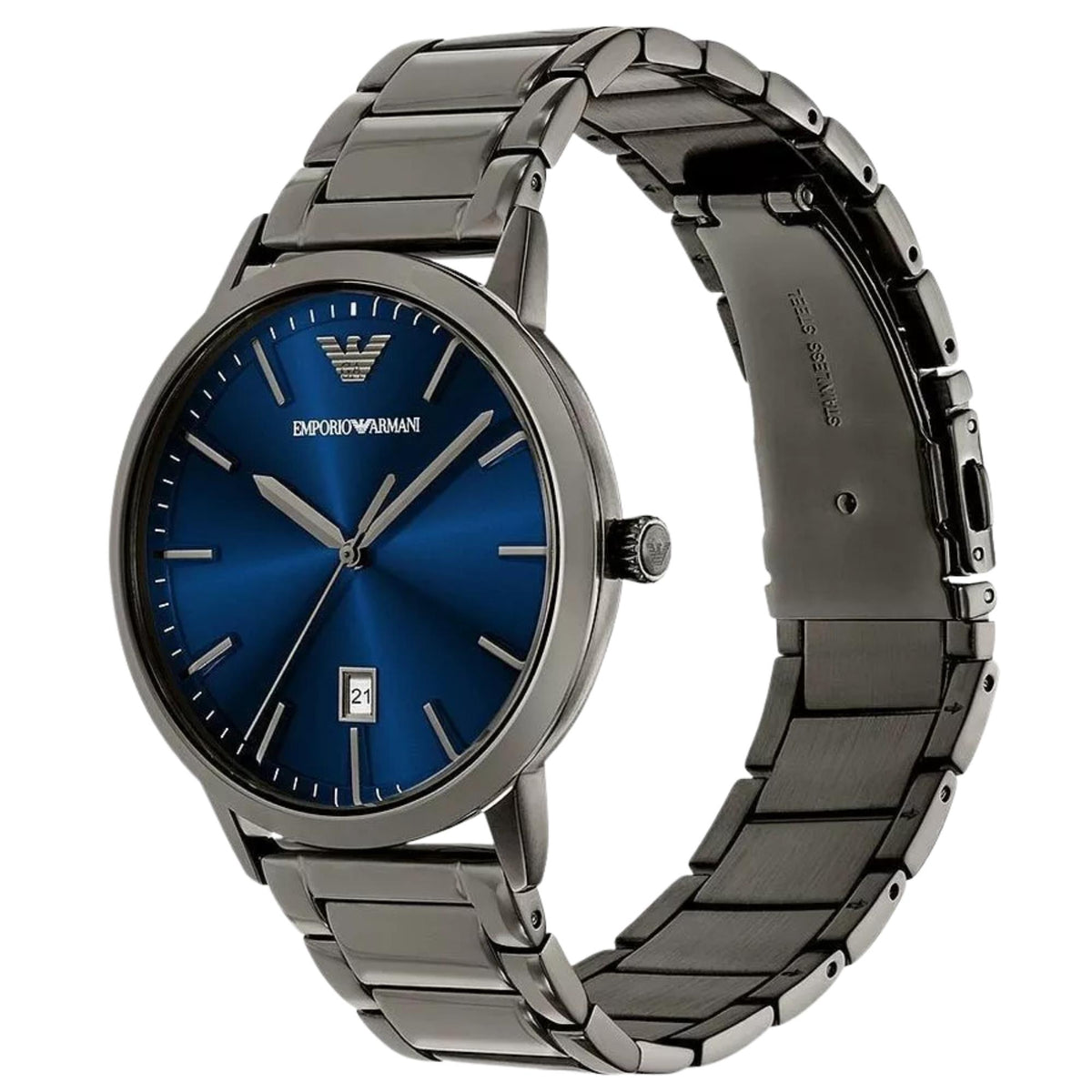 Emporio Armani men's quartz watch with blue dial on stainless-steel bracelet, side view