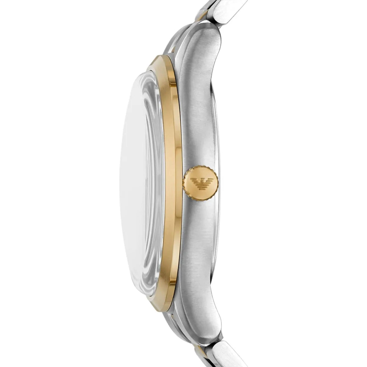 Emporio Armani Dario AR11735 profile view showing domed crystal and gold tone crown