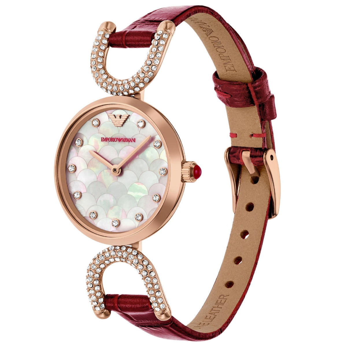 Emporio Armani Gianni AR11737 red leather strap and rose gold crystal case detail