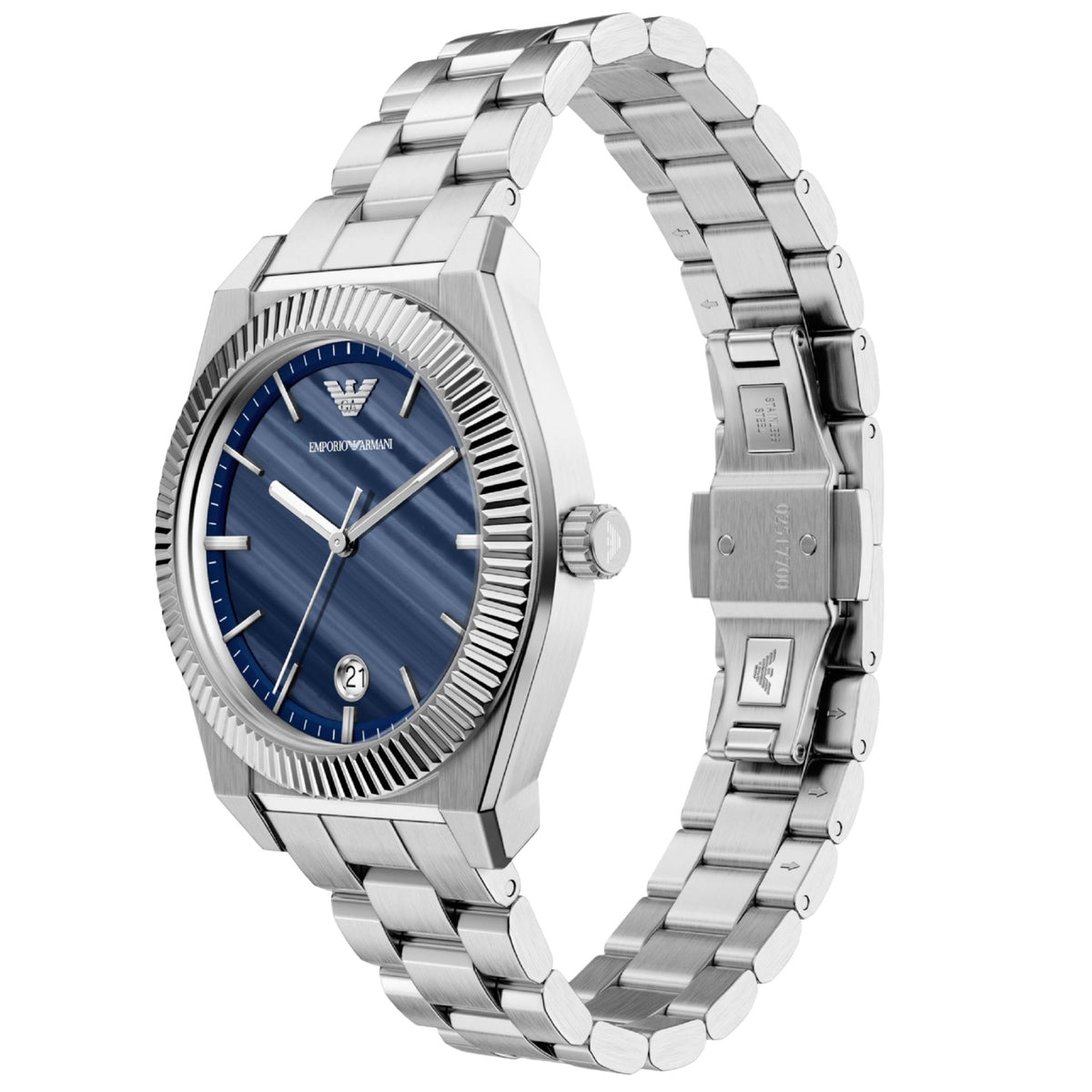 Three-quarter angle view of the Emporio Armani Federico AR11758 wristwatch showcasing the blue dial pattern, metal bracelet, and butterfly clasp