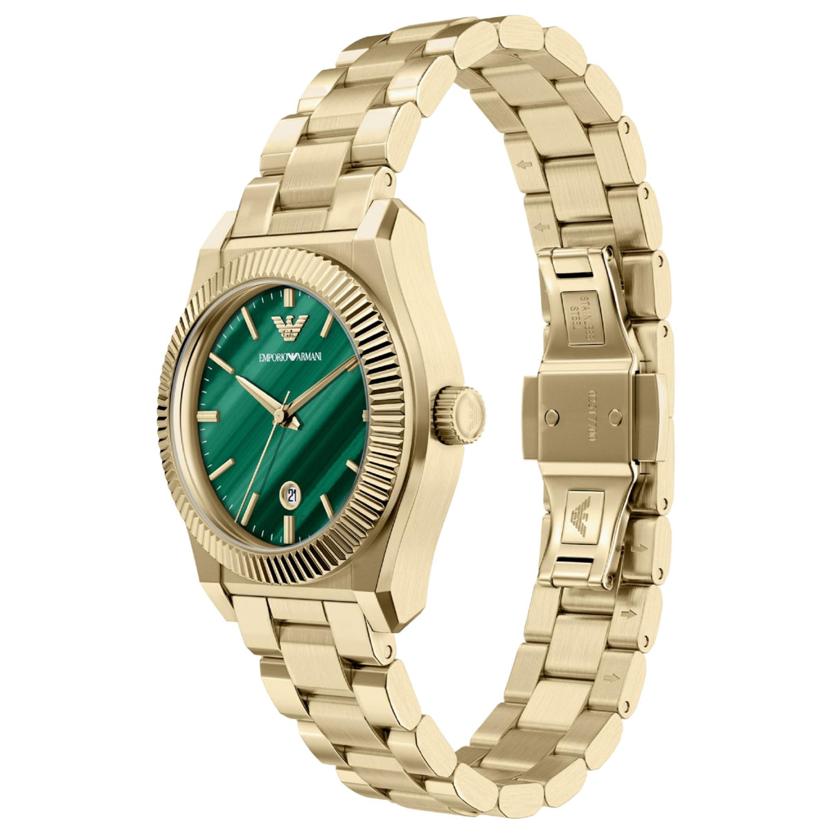 Emporio Armani Federica AR11761 angled side perspective showcasing round steel case profile and deployment clasp