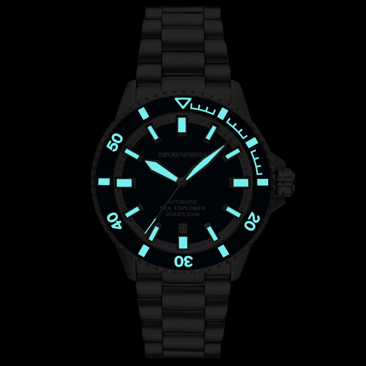 Emporio Armani Sea Explorer AR60087 luminous dial glow in the dark view